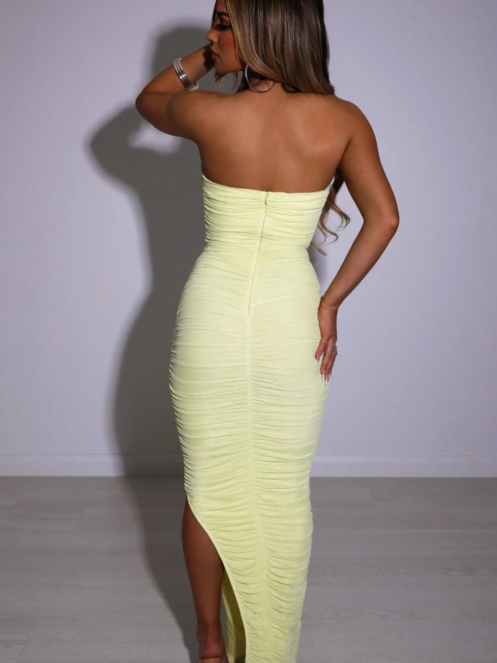 Strapless Ruched Midi Dress in Light Yellow